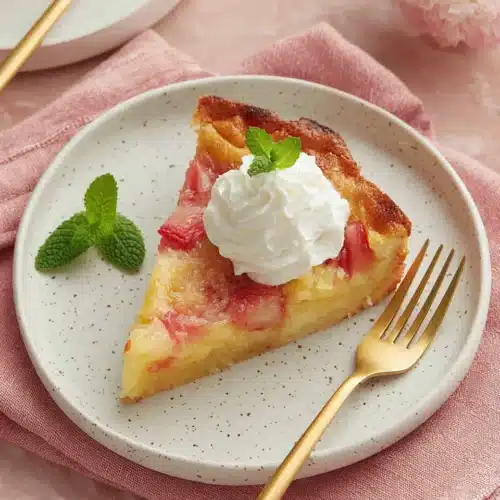 Rhubarb Custard Cake: A Delightfully Simple Dessert 1 Delicious rhubarb custard cake slice with cream and mint.