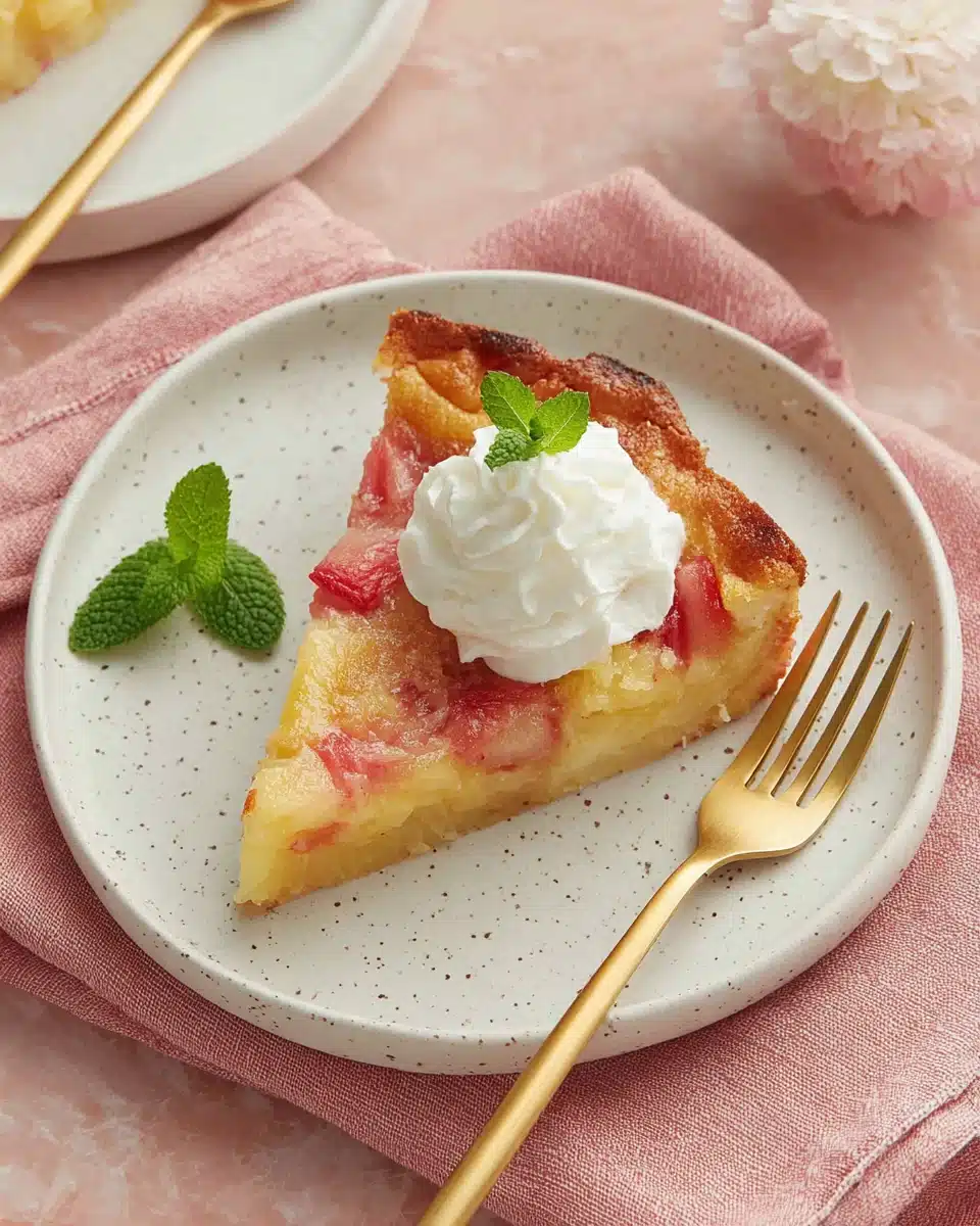 Rhubarb Custard Cake Delight Delicious rhubarb custard cake slice with cream and mint.