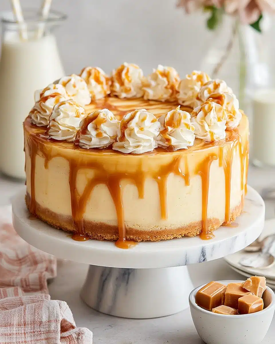 Delicious salted caramel cake topped with rich caramel swirls.