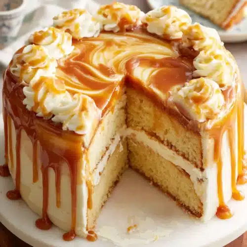 Delicious salted caramel cake with creamy frosting.