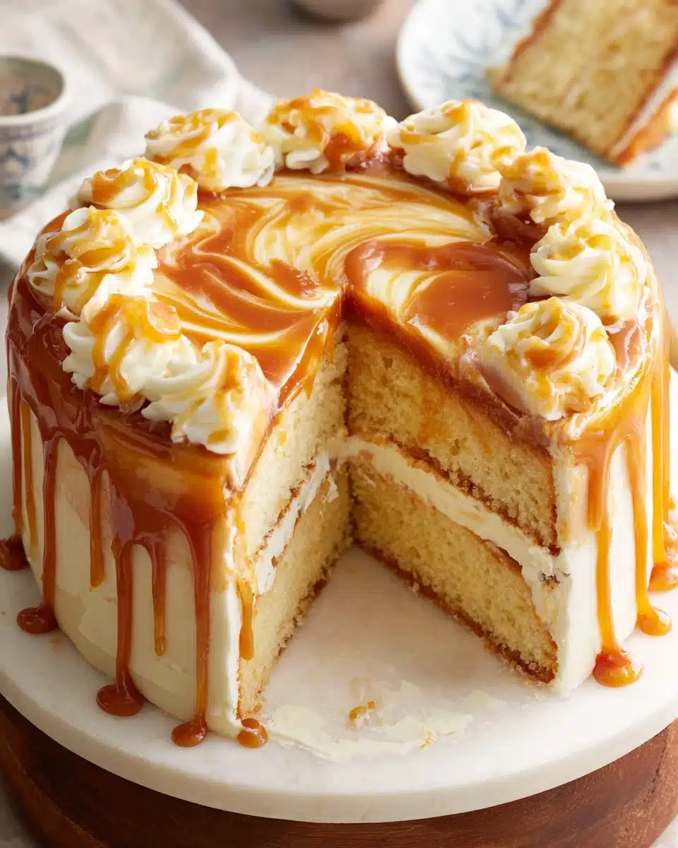 Delicious salted caramel cake with creamy frosting.