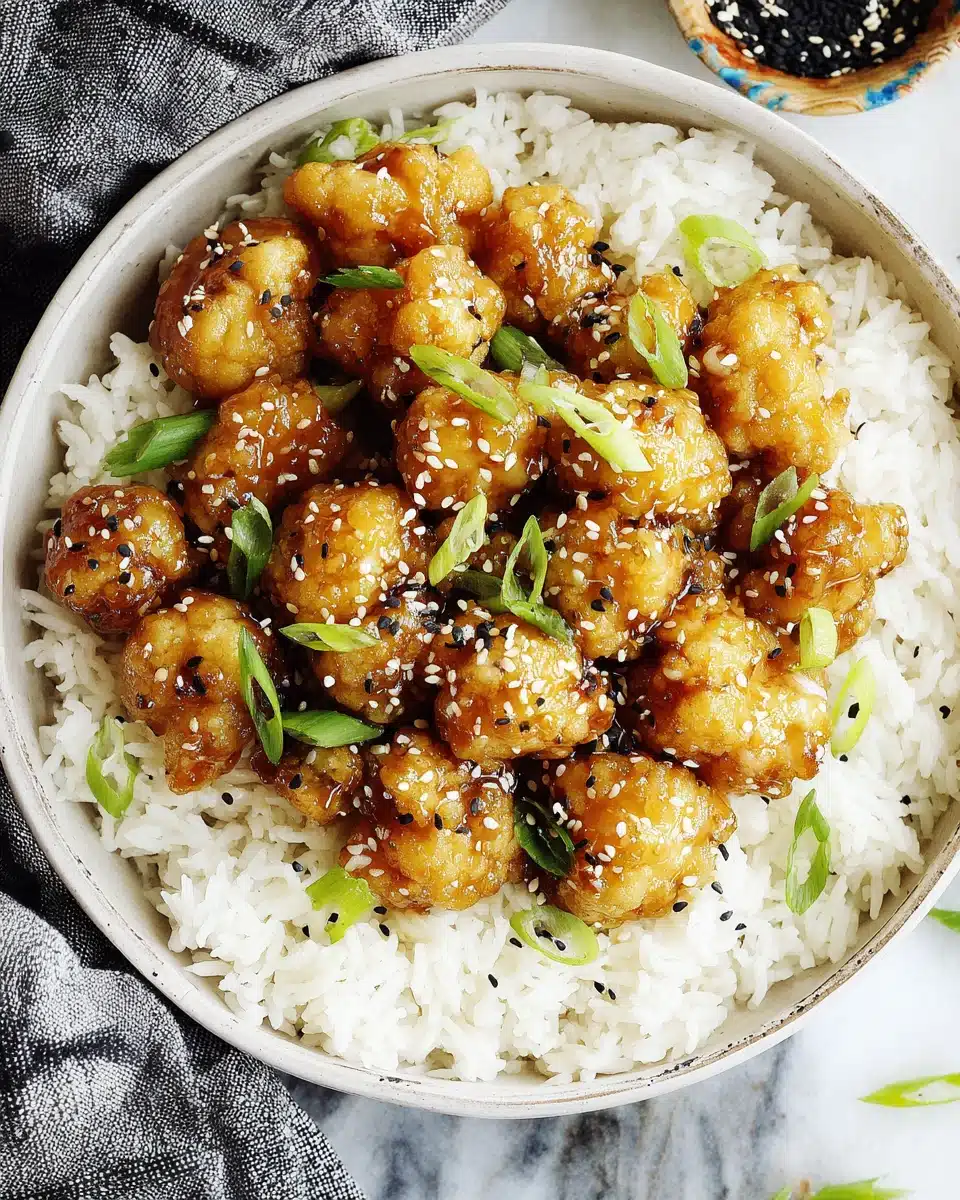 Sticky sesame cauliflower over rice garnished with green onions