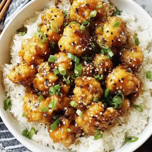 Sticky sesame cauliflower served over rice with sesame seeds.