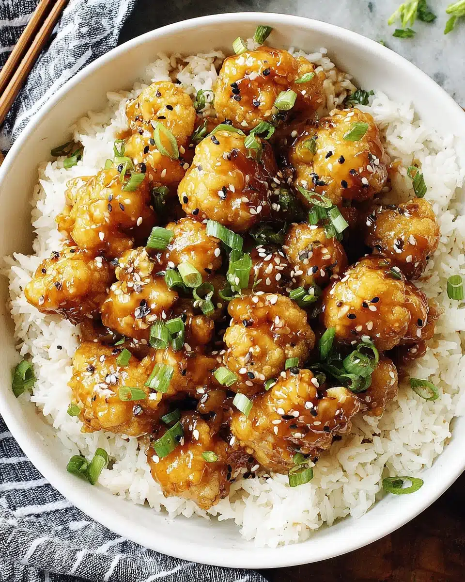 Sticky sesame cauliflower served over rice with sesame seeds.