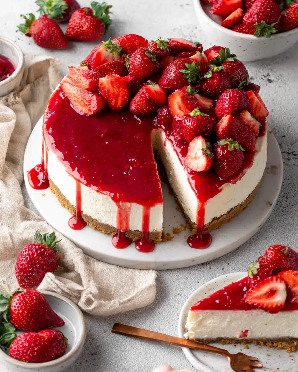 Strawberry cheesecake as birthday cake with red topping and fresh strawberries.