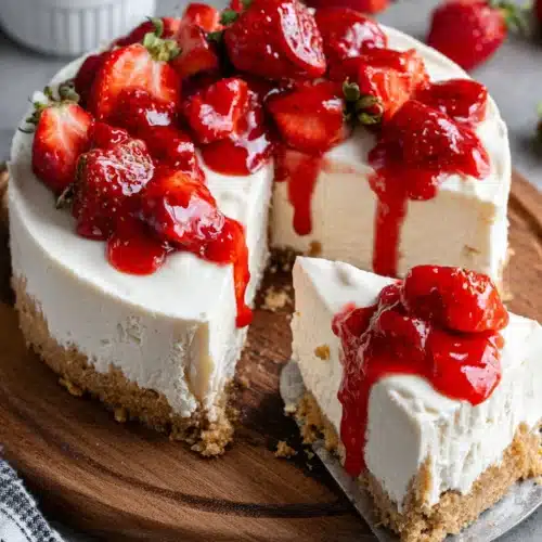 Delicious strawberry cheesecake as birthday cake with fresh strawberries.