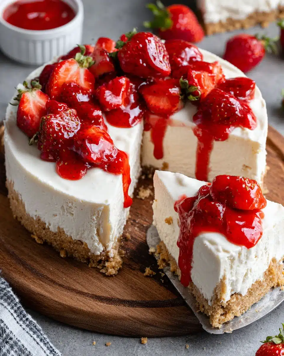 Delicious strawberry cheesecake as birthday cake with fresh strawberries.