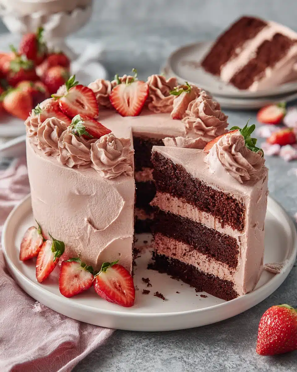 Irresistible strawberry chocolate cake topped with fresh strawberries