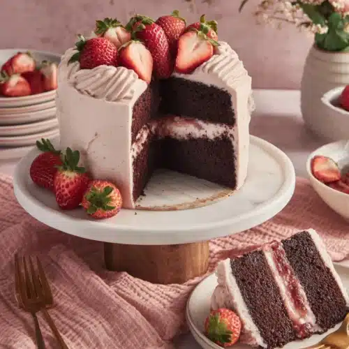 Delicious strawberry chocolate cake with creamy frosting and fresh strawberries.
