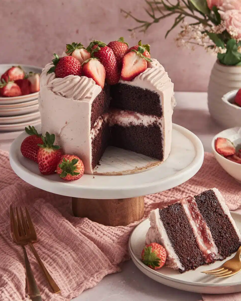 Delicious strawberry chocolate cake with creamy frosting and fresh strawberries.