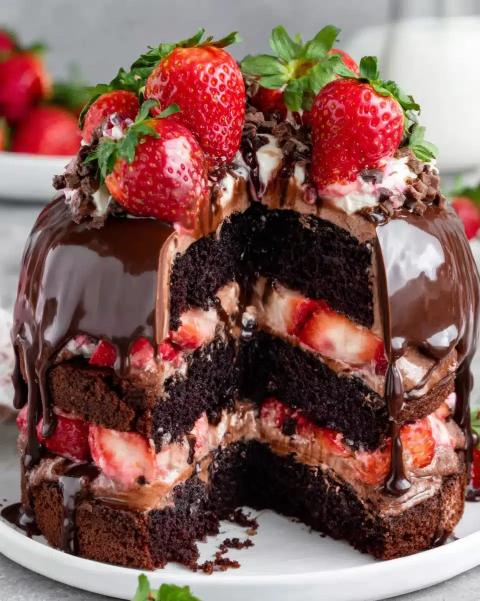 Strawberry chocolate shell cake with fresh strawberries and chocolate frosting.