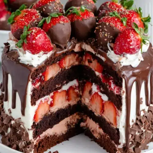 Delicious strawberry chocolate shell cake with fresh strawberries.