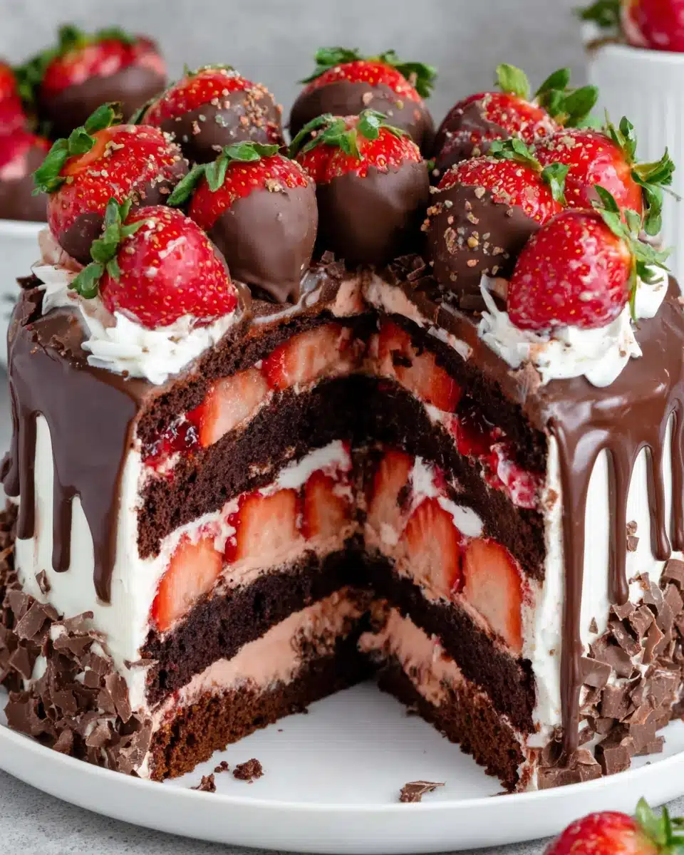 Delicious strawberry chocolate shell cake with fresh strawberries.