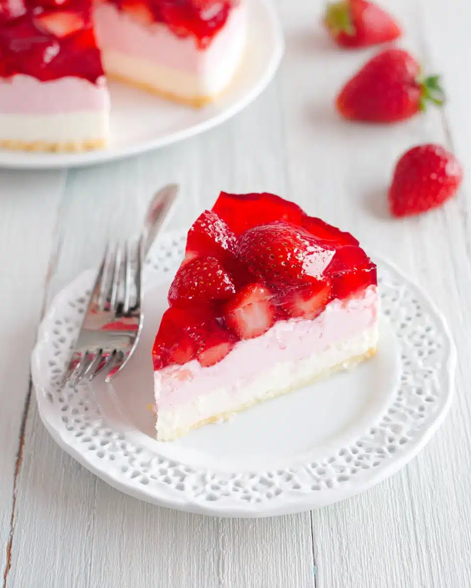Delicious strawberry jello cake dessert with fresh strawberries.