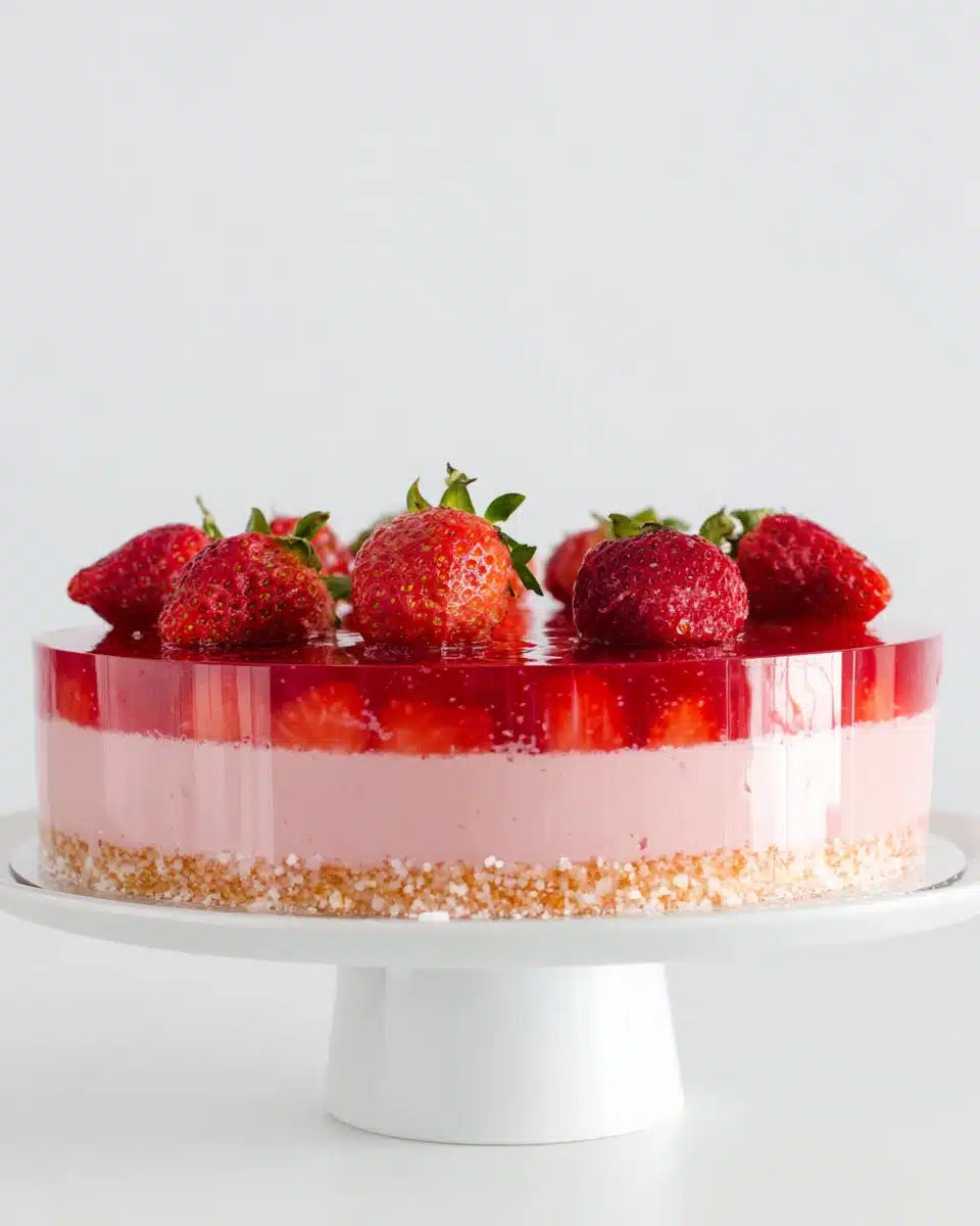 Delicious strawberry jello cake dessert for gatherings.