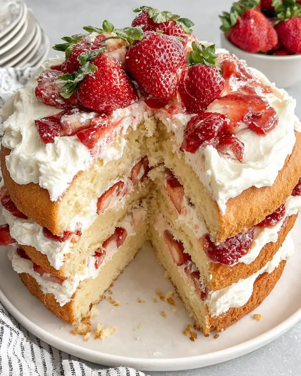 Delicious strawberry vanilla cake with fresh strawberries on top.