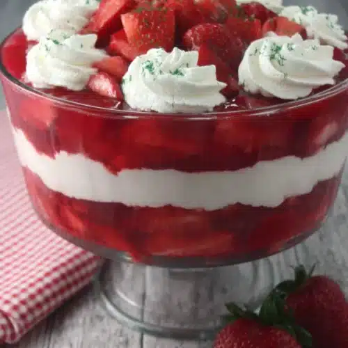 Refreshing summertime strawberry mousse dessert in a trifle bowl.