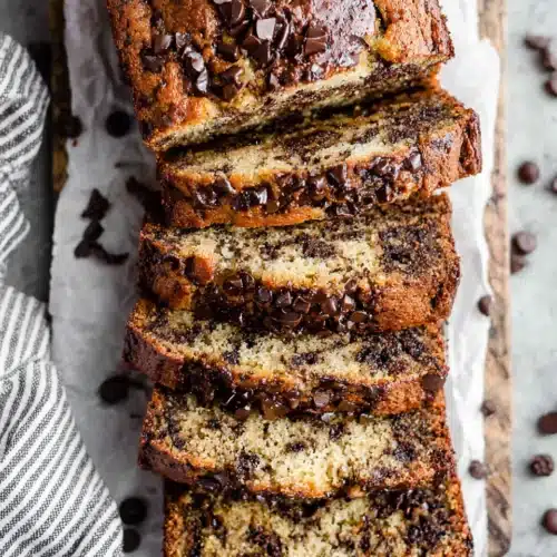 Chocolate chip banana bread, moist and delicious.