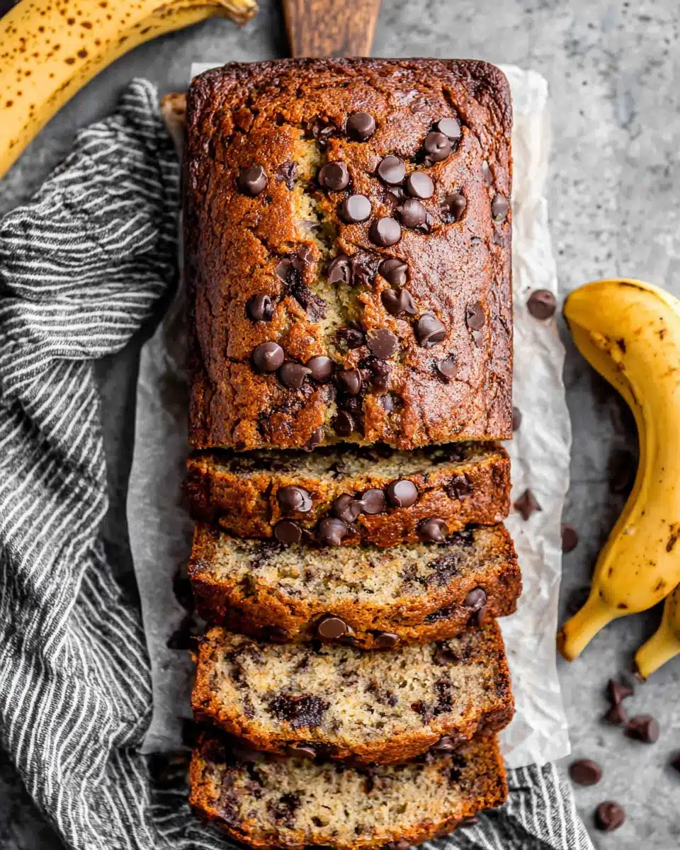Super moist chocolate chip banana bread perfect for dessert.