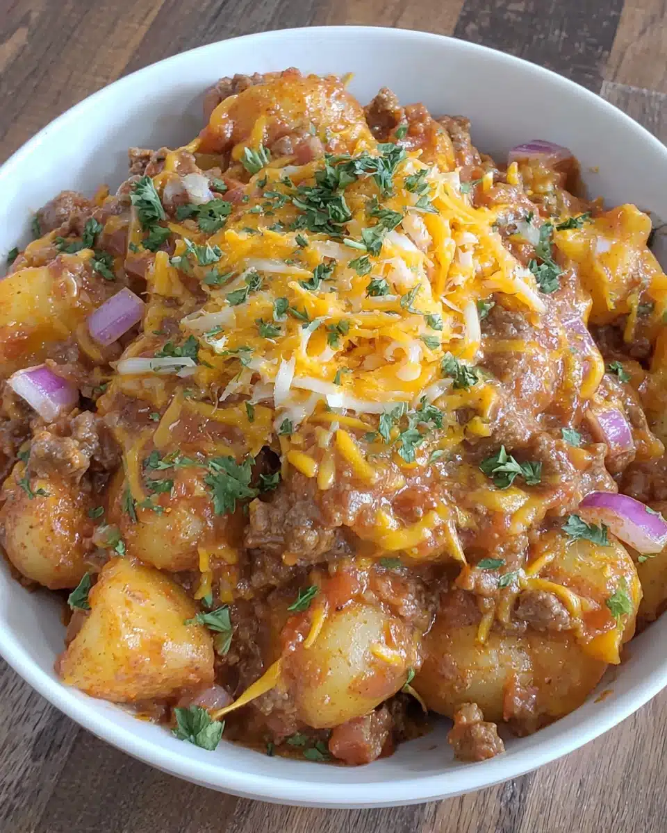 Hearty Tex Mex beef and potato skillet with cheese