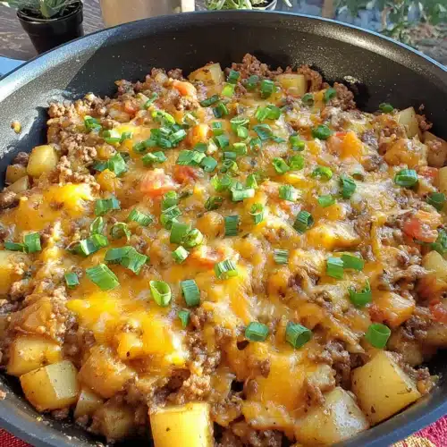 Tex Mex Beef and Potato Skillet full of flavor and topped with cheese.