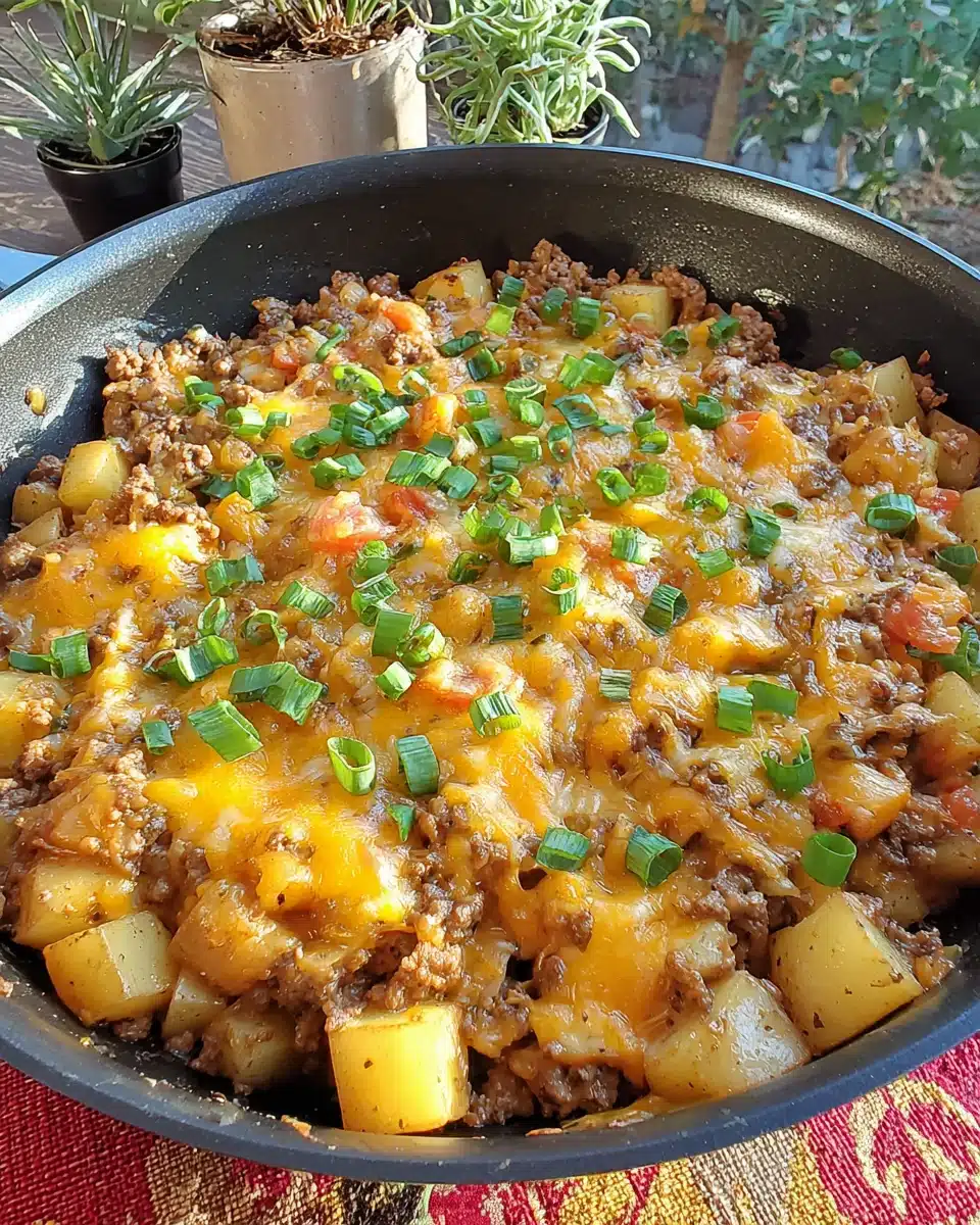 Tex Mex Beef and Potato Skillet full of flavor and topped with cheese.