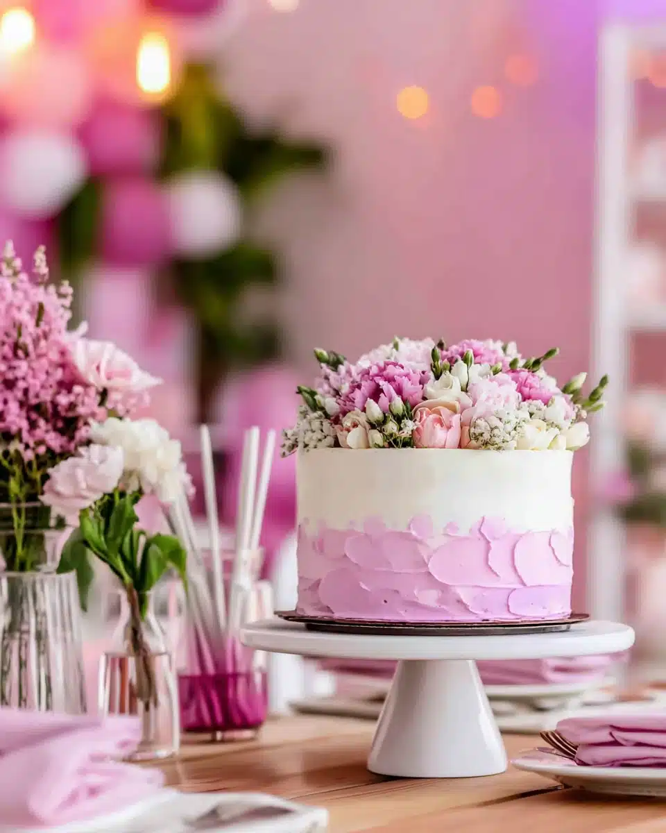 Beautifully decorated cake with flowers and balloons for a celebration.