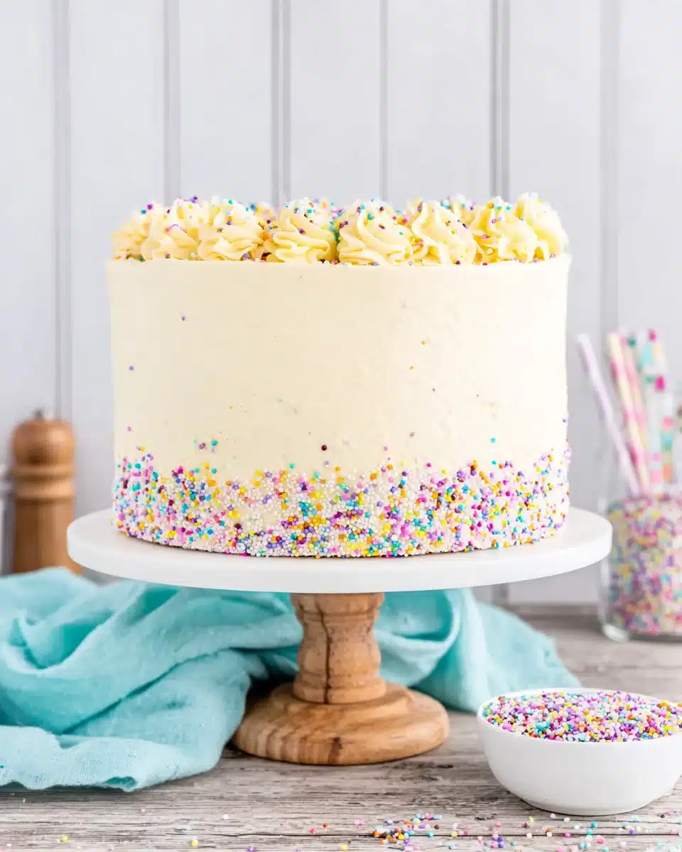 Delicious vanilla cake recipe reader with sprinkles.