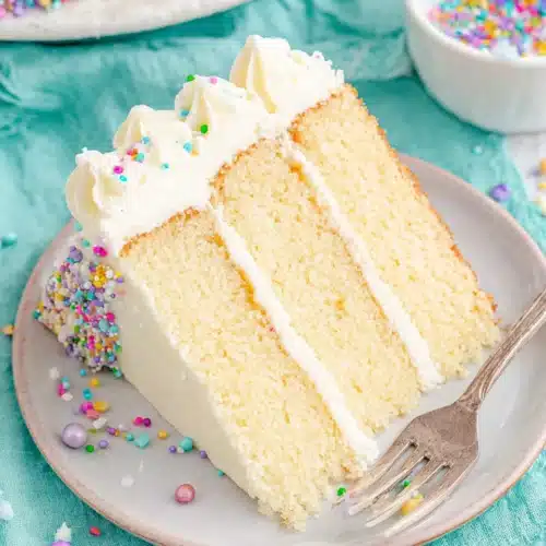 Delicious vanilla cake slice with sprinkles and frosting