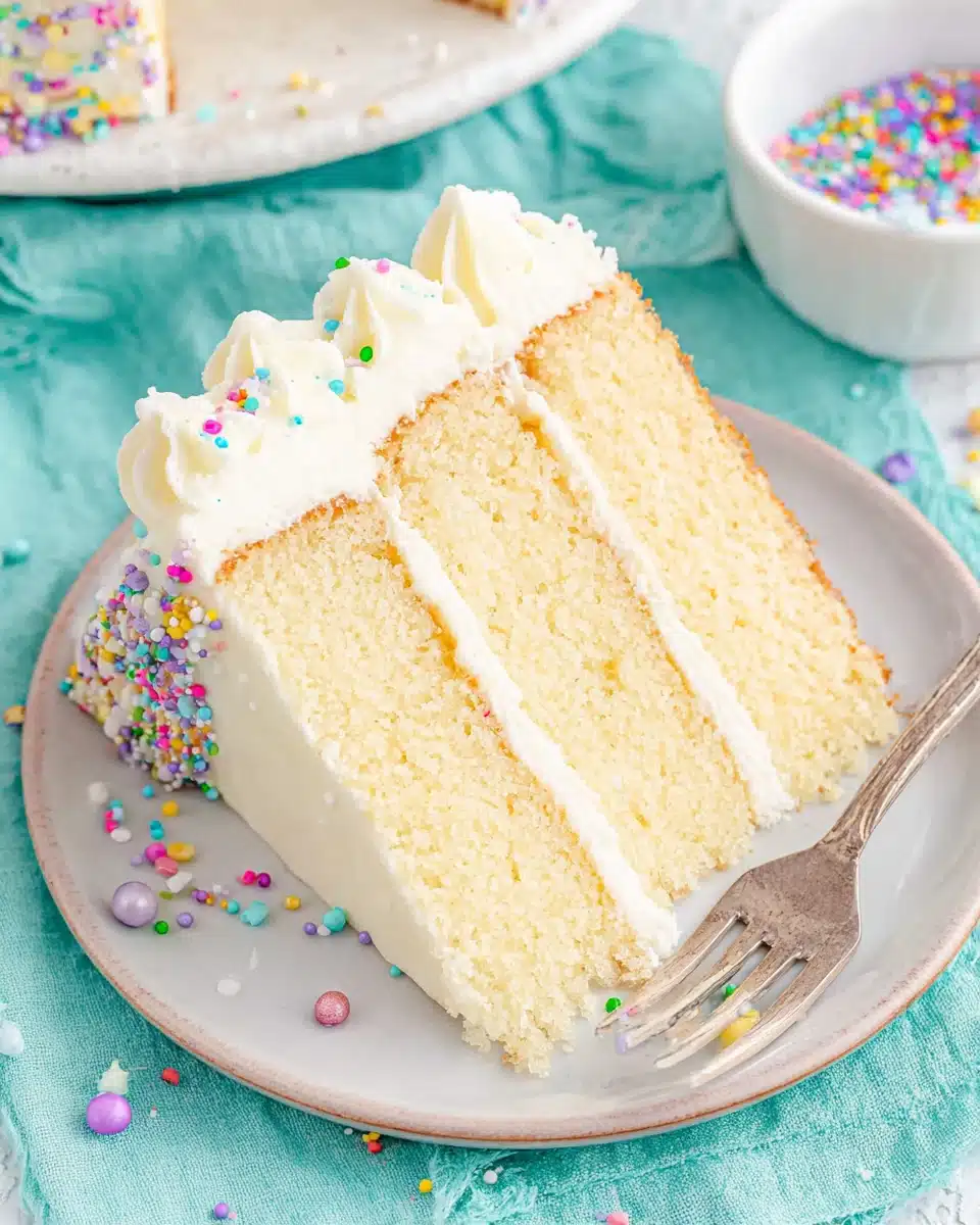 Delicious vanilla cake slice with sprinkles and frosting
