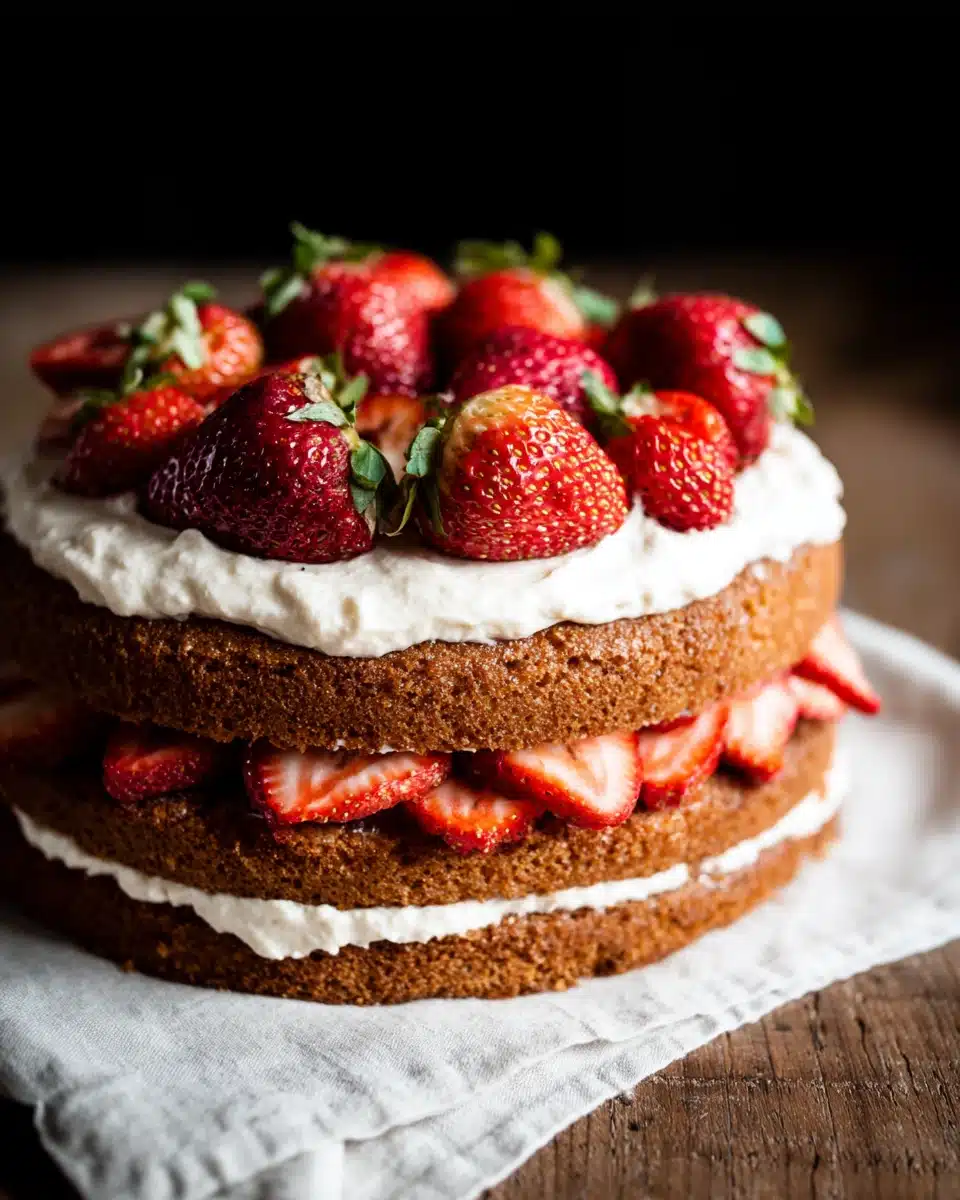 Vanilla cake with strawberry cream frosting and fresh strawberries.