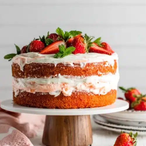 Delicious vanilla cake with strawberry cream frosting.