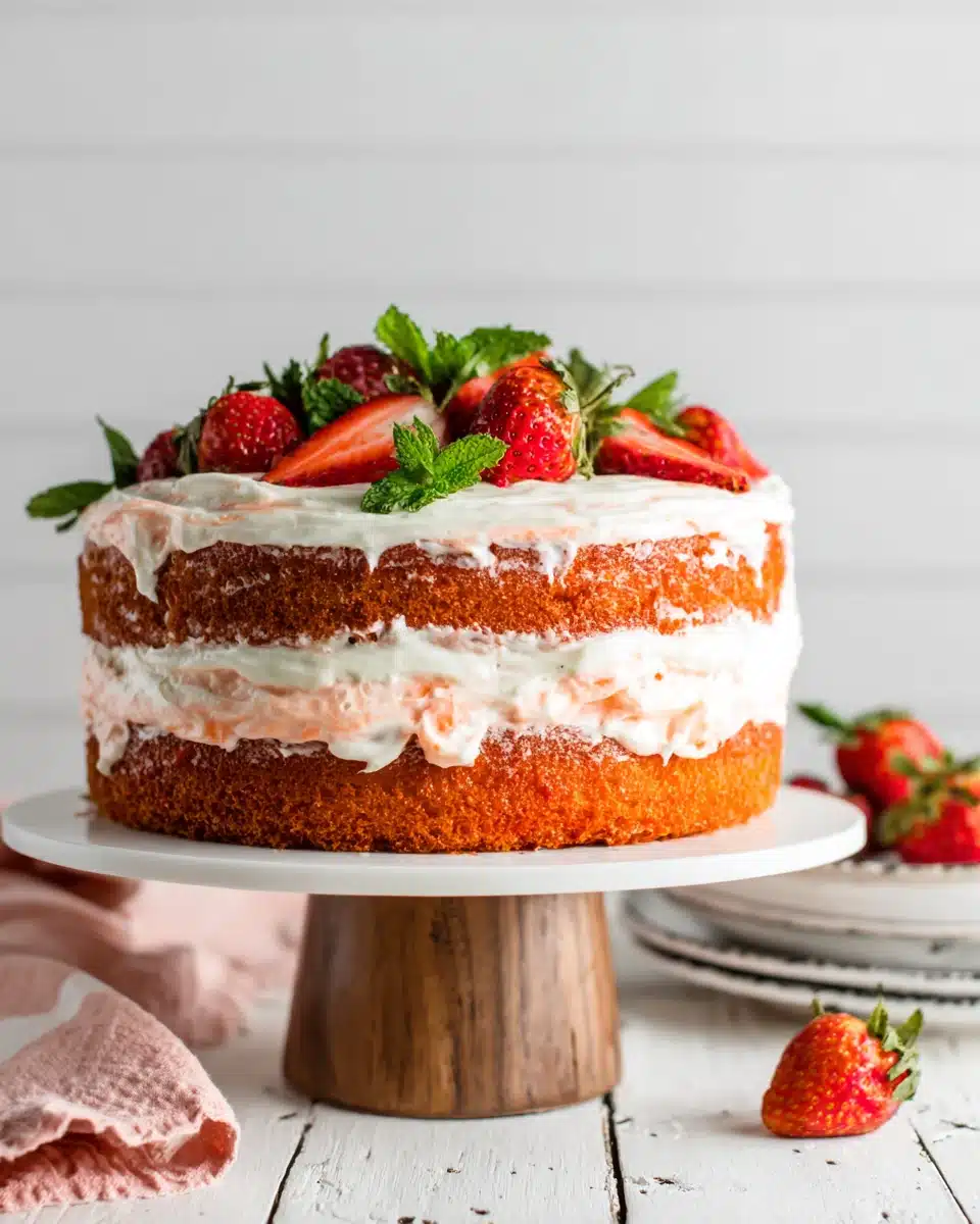 Delicious vanilla cake with strawberry cream frosting.