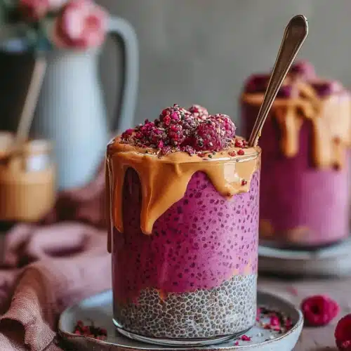 Vegan raspberry chia pudding layered dessert in a glass.