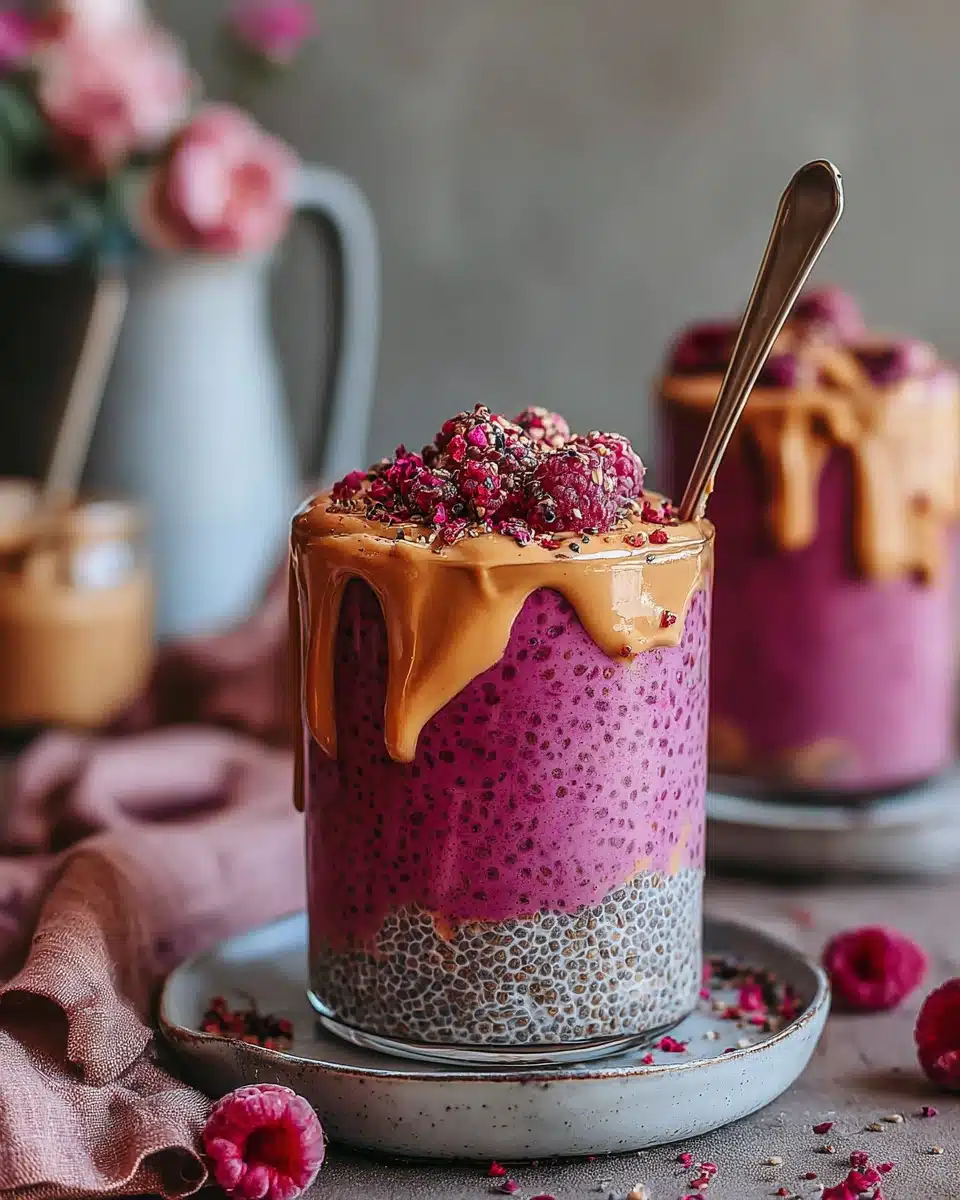 Vegan raspberry chia pudding layered dessert in a glass.