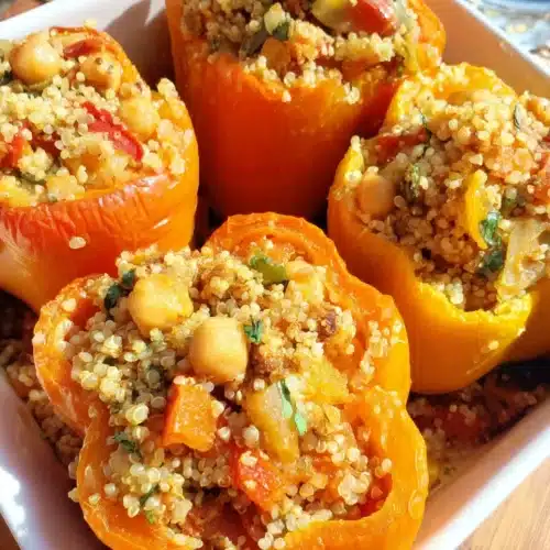 Vegan stuffed peppers filled with chickpeas and quinoa for a healthy dinner