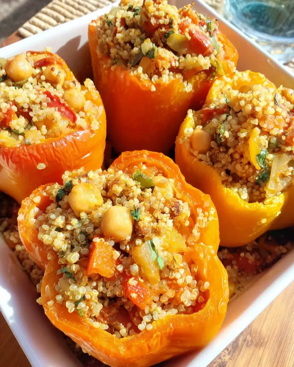 Vegan stuffed peppers filled with chickpeas and quinoa for a healthy dinner