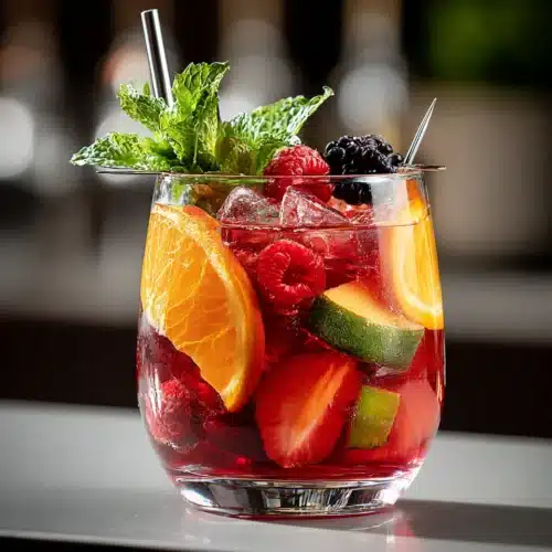 Delicious vodka sangria cocktail with fresh fruit.