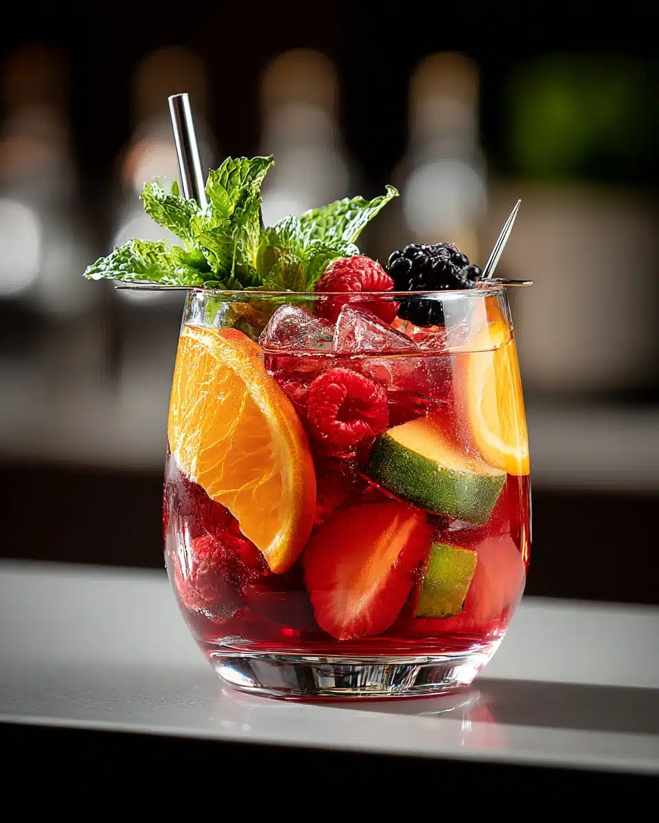 Delicious vodka sangria cocktail with fresh fruit.