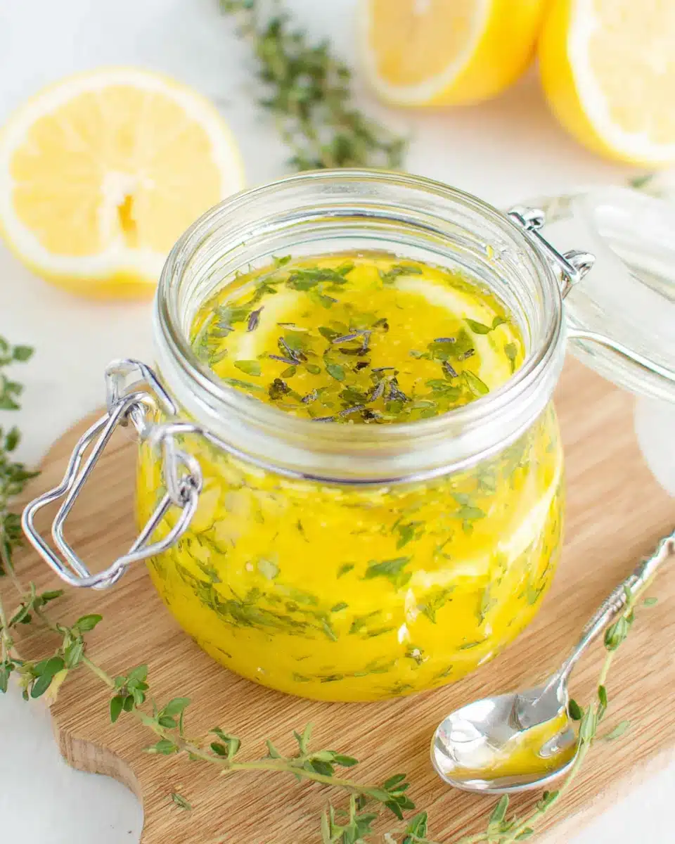 Zesty whole lemon thyme salad dressing in a jar.