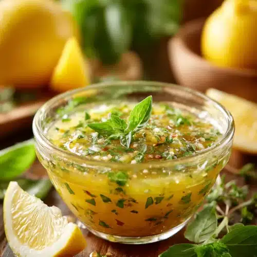 Zesty Mediterranean lemon herb salad dressing in a bowl.