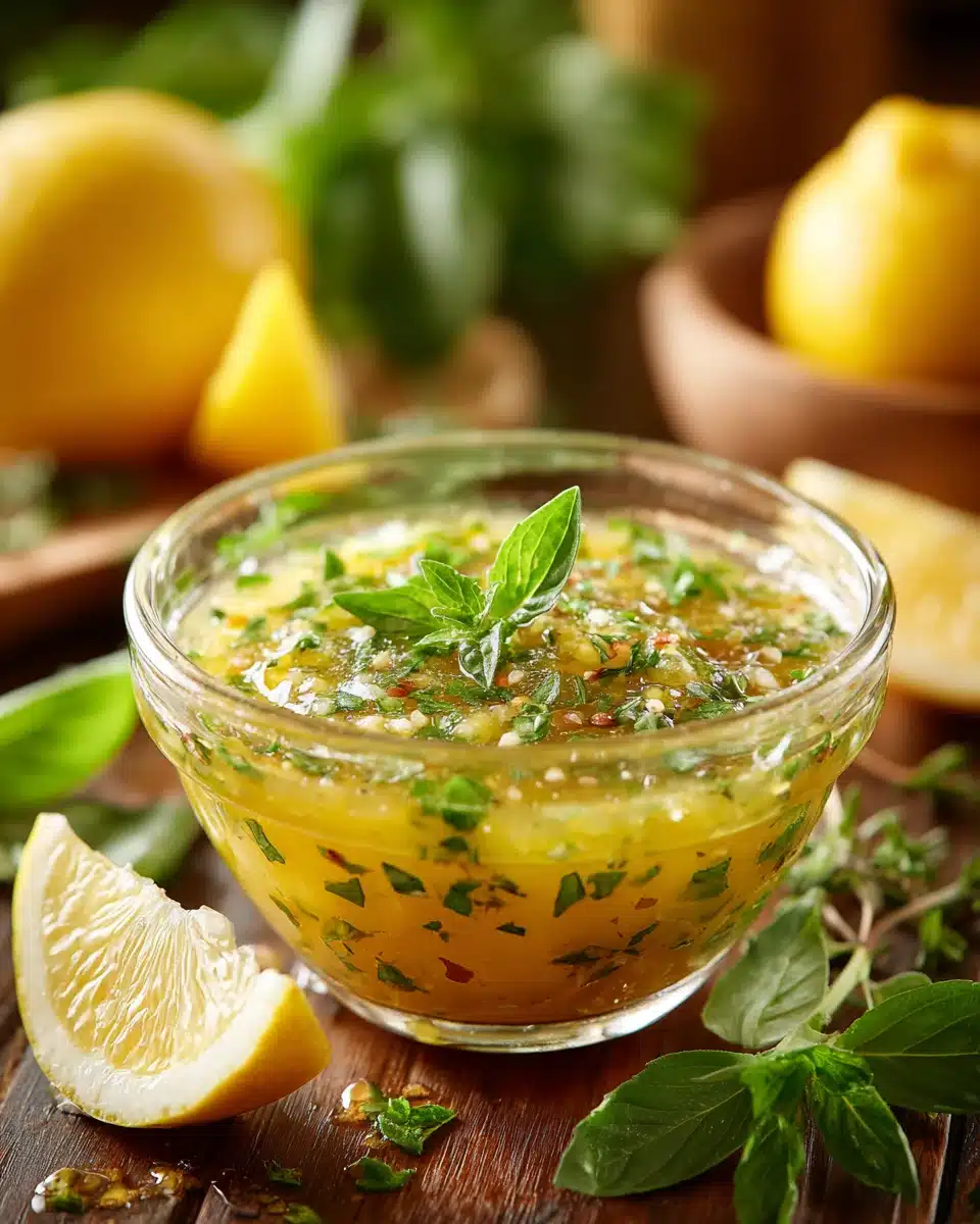 Zesty Mediterranean lemon herb salad dressing in a bowl.