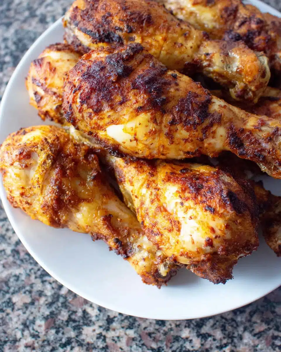 Crispy air fryer chicken drumsticks with honey glaze on a white plate