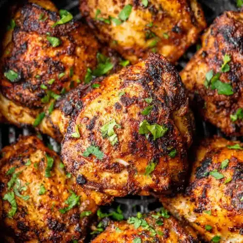 Crispy air fryer chicken thighs with fresh herbs in air fryer basket