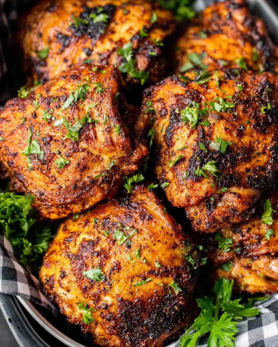 Crispy air fryer chicken thighs with parsley garnish in air fryer basket