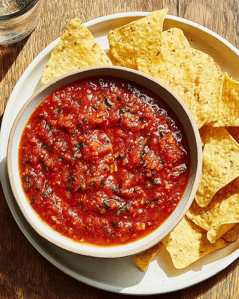 Always Great Homemade Salsa with Tortilla Chips Always great homemade salsa served with crispy tortilla chips on a white plate