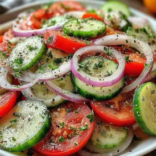 Cucumber, onion, and tomato salad; simple and refreshing.