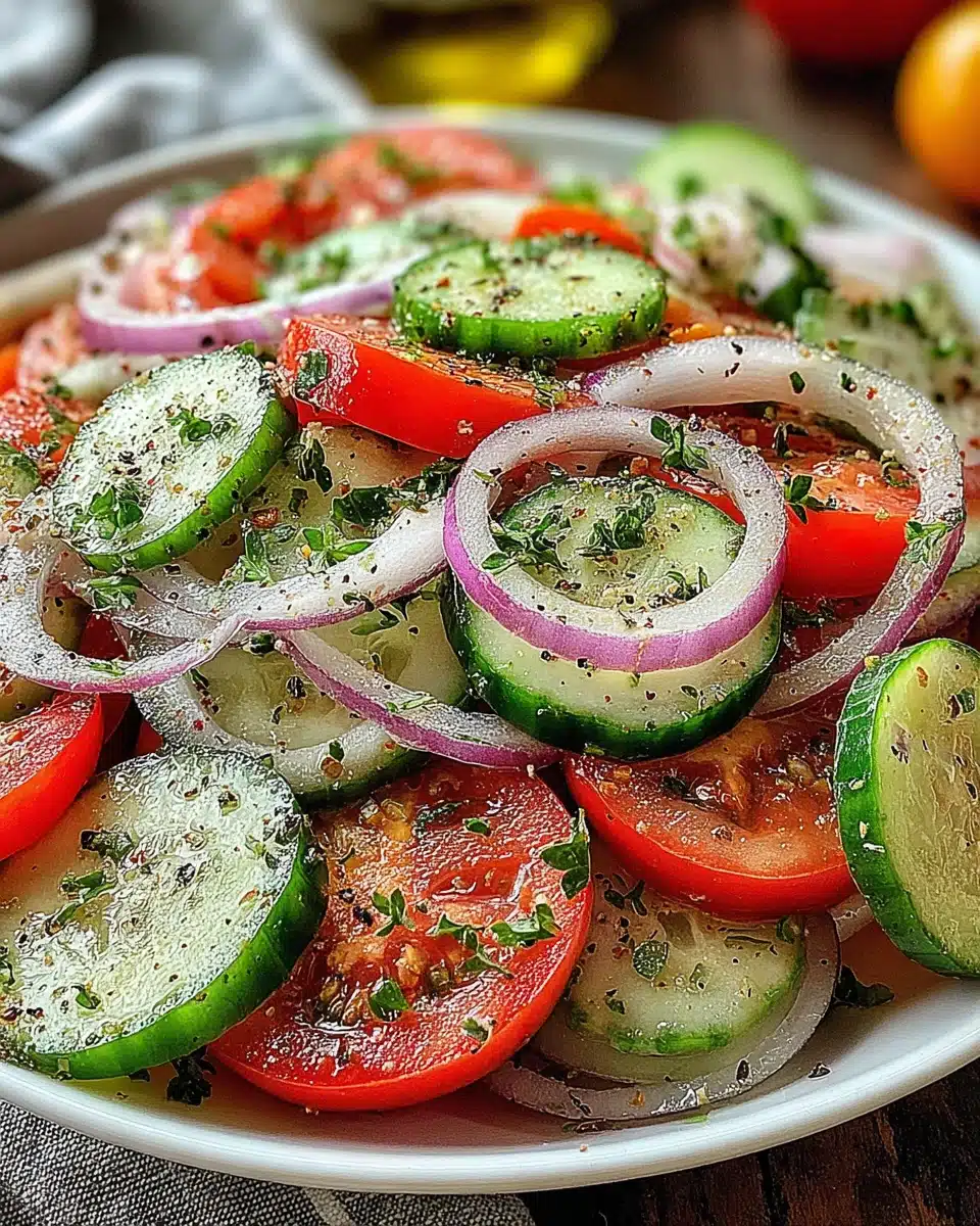 Cucumber, onion, and tomato salad; simple and refreshing.