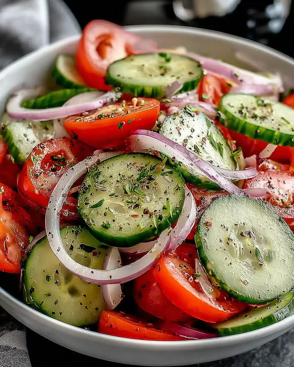 Cucumber, onion, and tomato salad, simple and good.