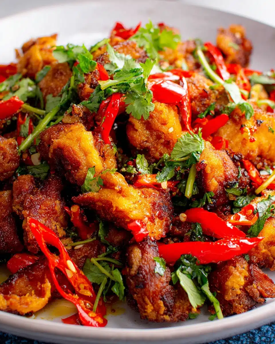 Asian Garlic Fried Chicken with Bell Peppers and Cilantro Crispy Asian garlic fried chicken with red peppers and cilantro